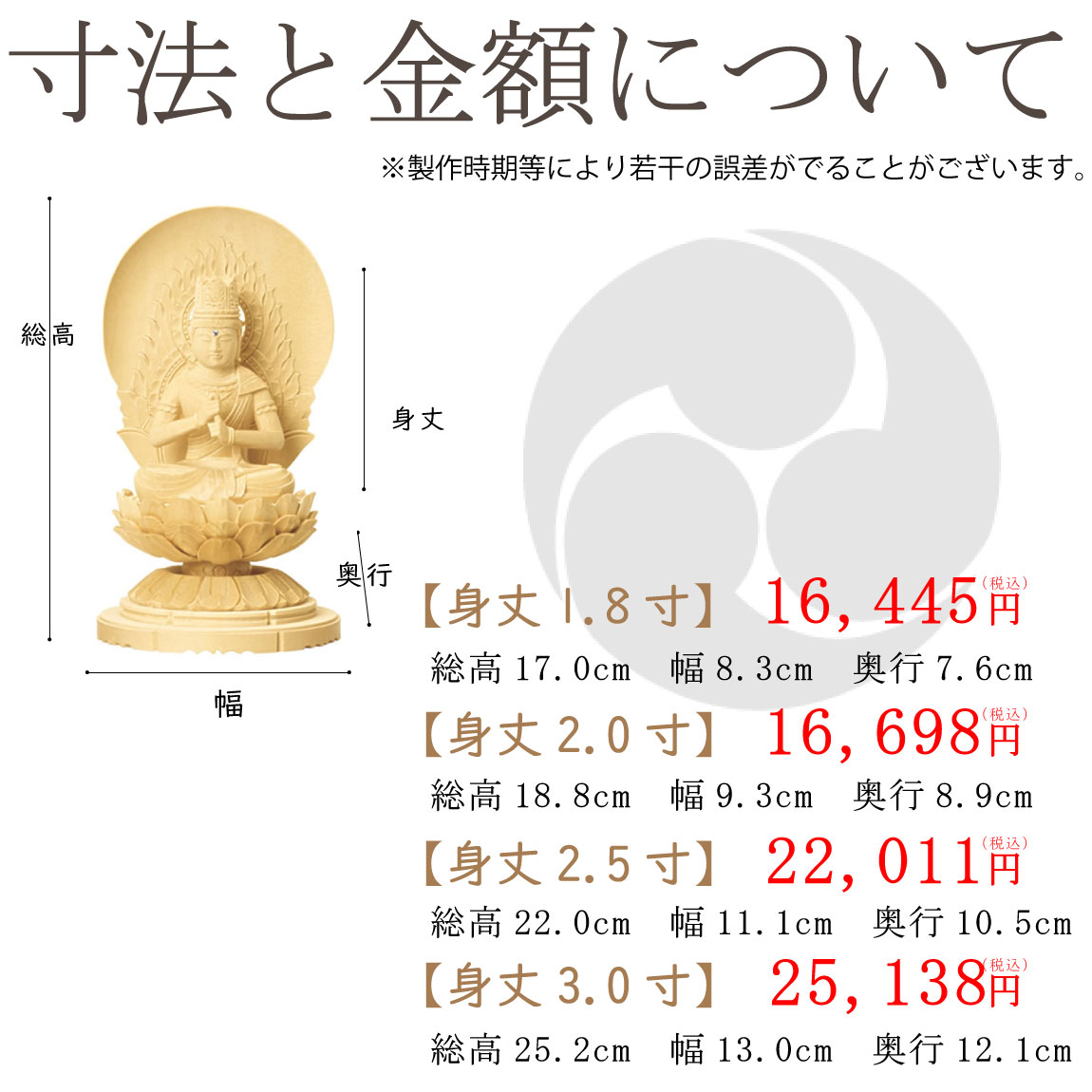 真言宗の仏像（丸台座）の寸法と価格