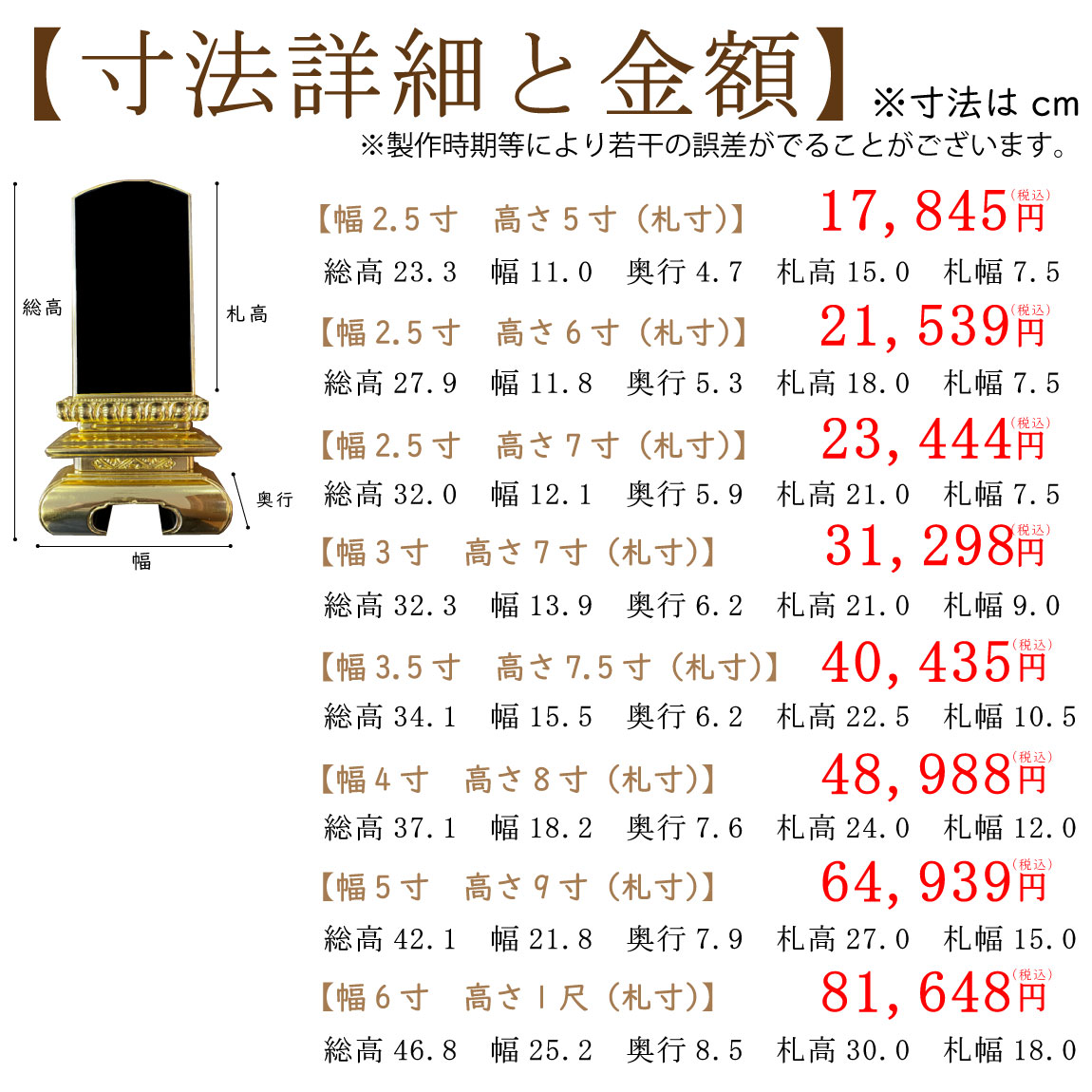 幅広位牌　三方金京中台のサイズと価格