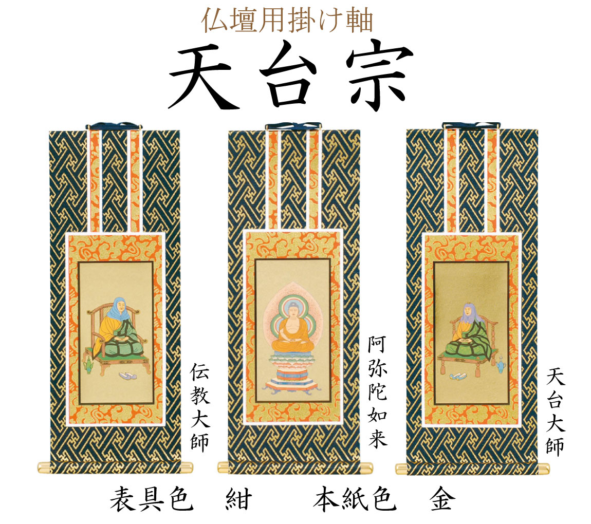 天台宗の仏壇用掛け軸。中央（ご本尊）には阿弥陀如来、向かって右には天台大師、左には伝教大師がかかります。