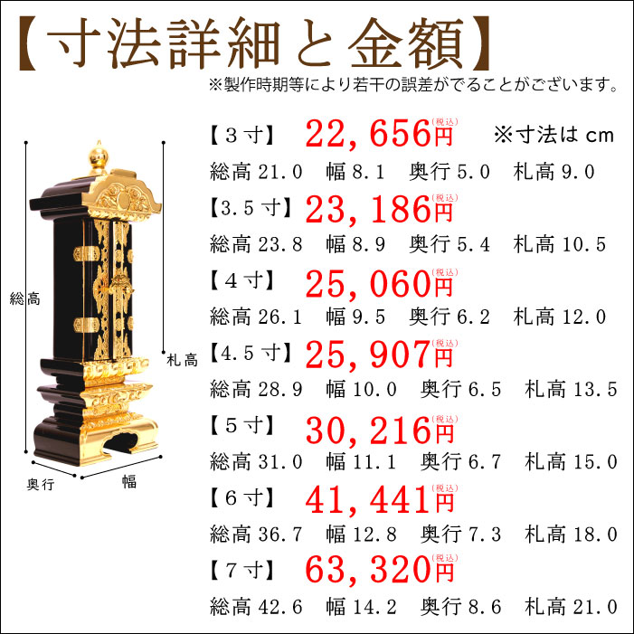 黒塗り位牌「繰り出し位牌（回出位牌）」寸法詳細と金額