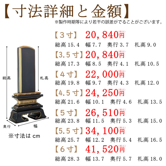 黒塗り位牌「国産 蓮付春日楼門」のサイズと価格