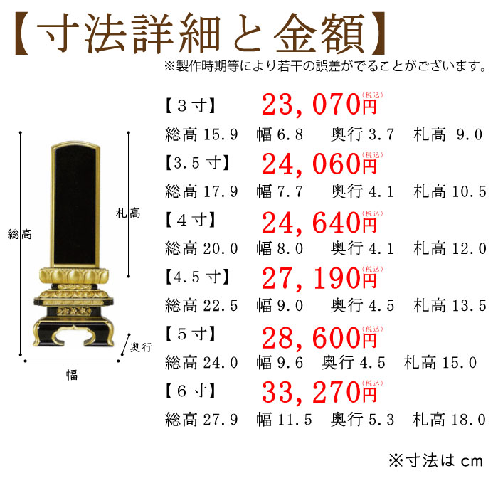 黒塗り位牌 「京型千倉座(唐蓮華)」のサイズと価格
