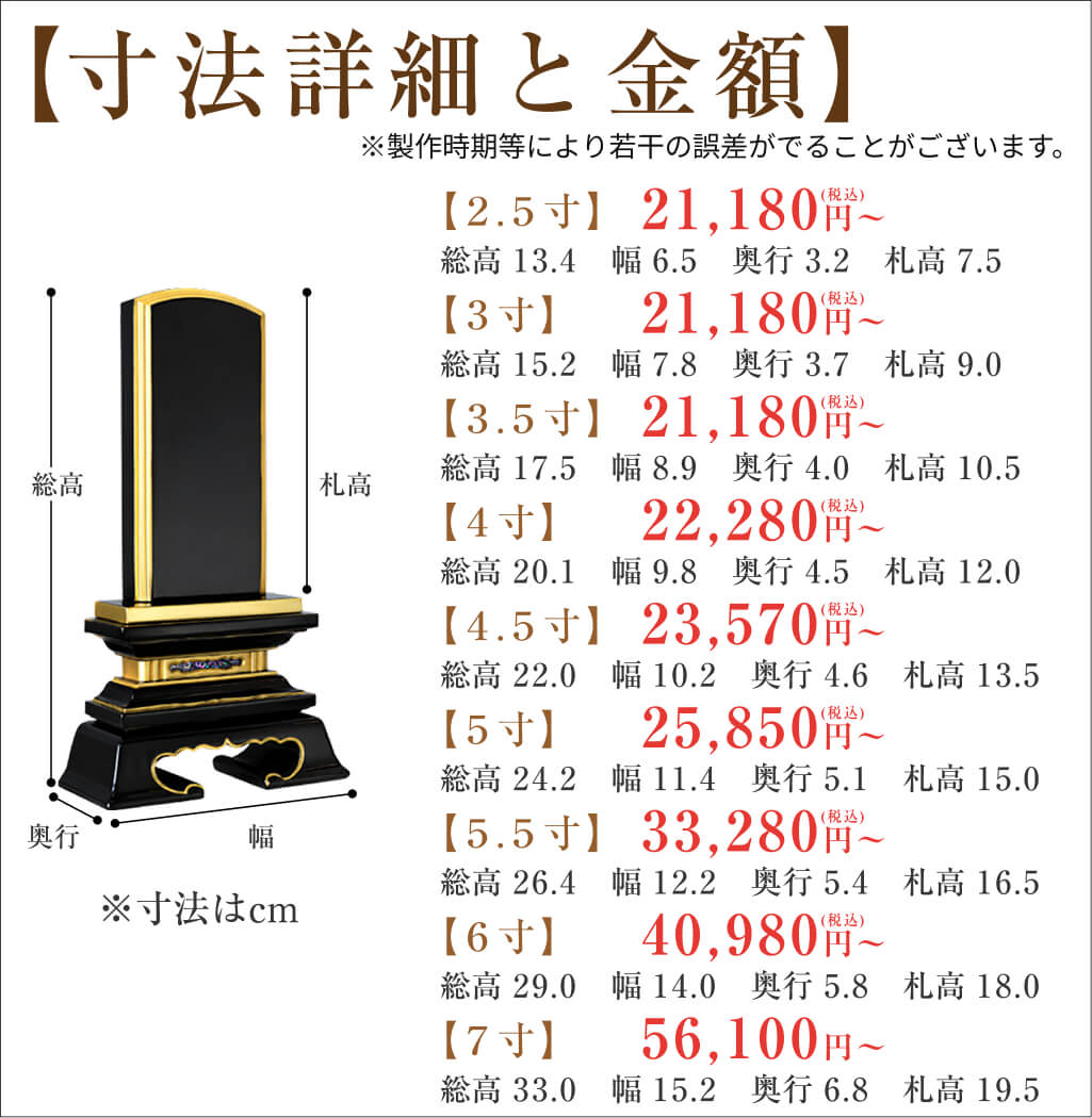 黒塗り位牌「国産 春日楼門」のサイズと価格