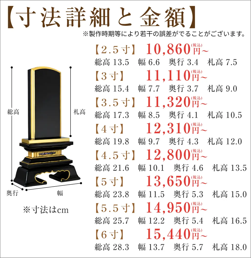 黒塗り位牌「春日楼門」の寸法詳細