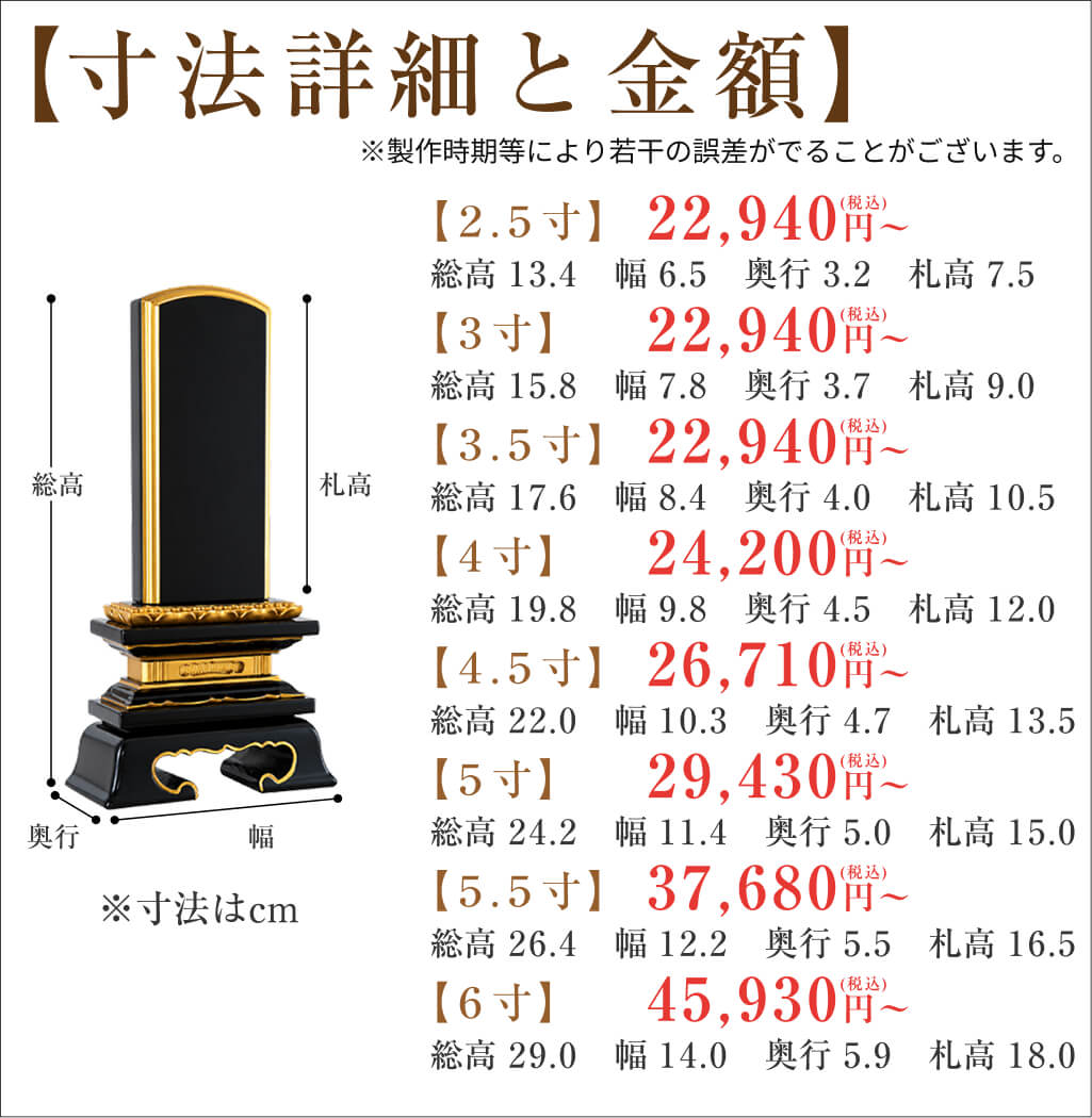 黒塗り位牌「国産 蓮付春日楼門」のサイズと価格