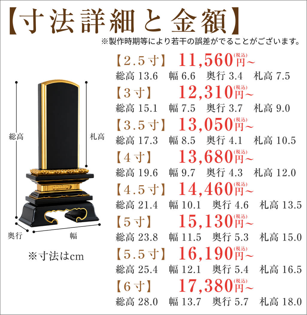 黒塗り位牌「 蓮付春日楼門」の寸法詳細