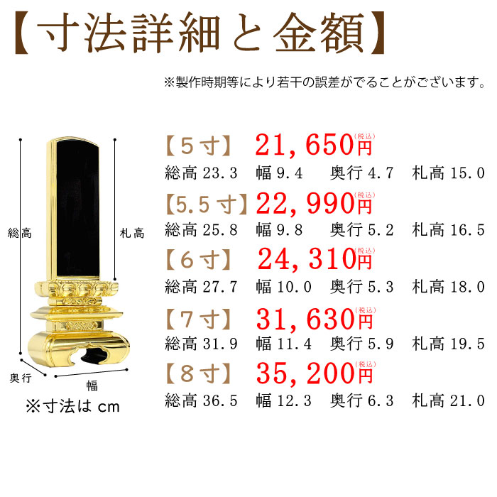 黒塗り位牌「三方金京中台」のサイズと価格2