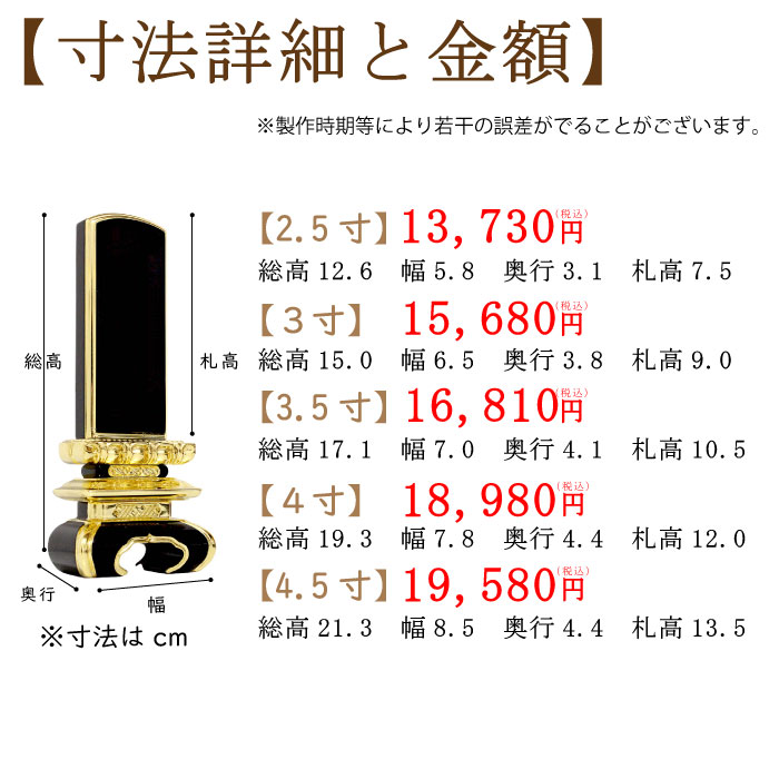 黒塗り位牌「面金京中台」のサイズと価格1