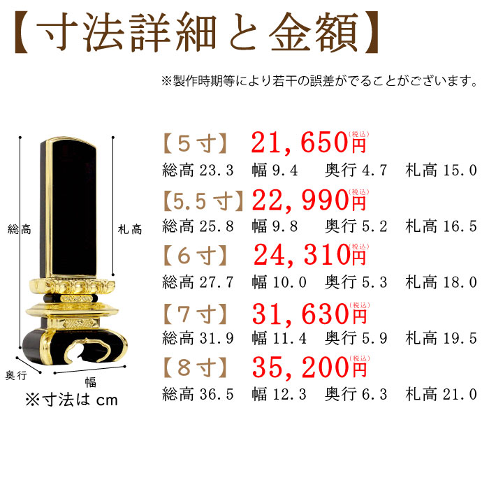 黒塗り位牌「面金京中台」のサイズと価格2